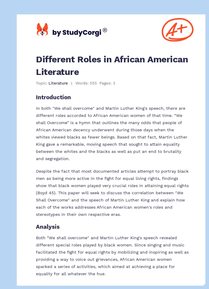 Different Roles in African American Literature. Page 1