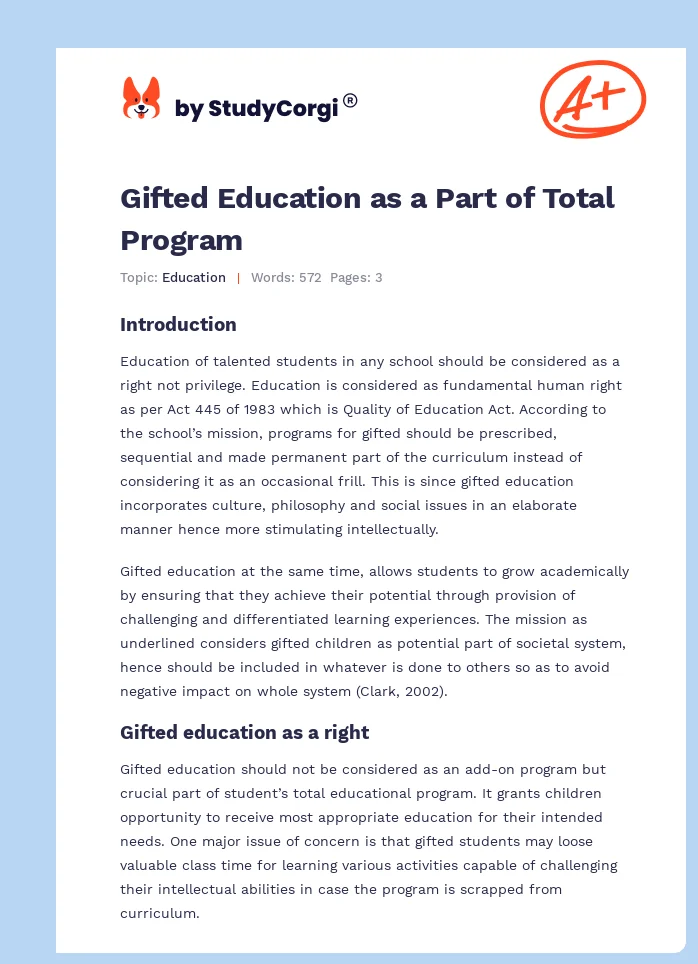 Gifted Education as a Part of Total Program. Page 1