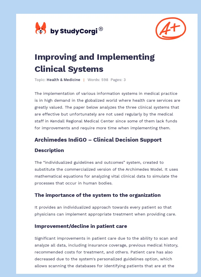 Improving and Implementing Clinical Systems. Page 1