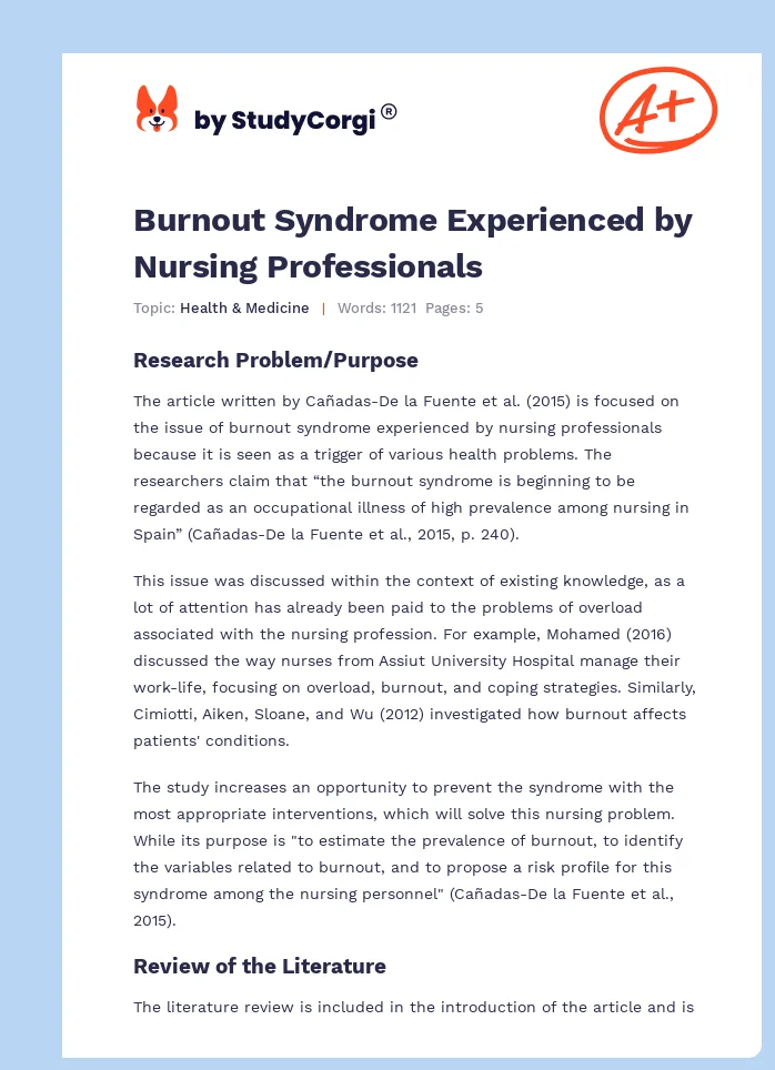 Burnout Syndrome Experienced by Nursing Professionals. Page 1