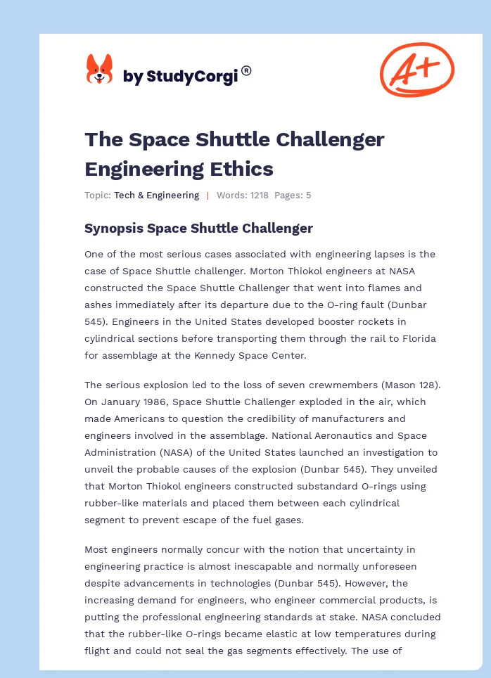 The Space Shuttle Challenger Engineering Ethics. Page 1