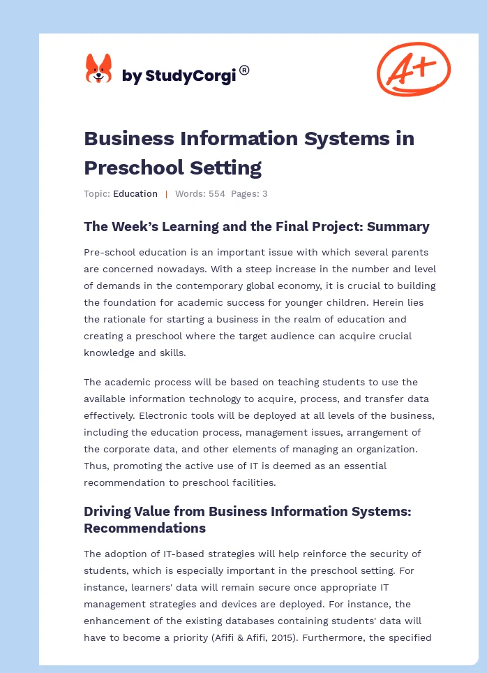 Business Information Systems in Preschool Setting. Page 1