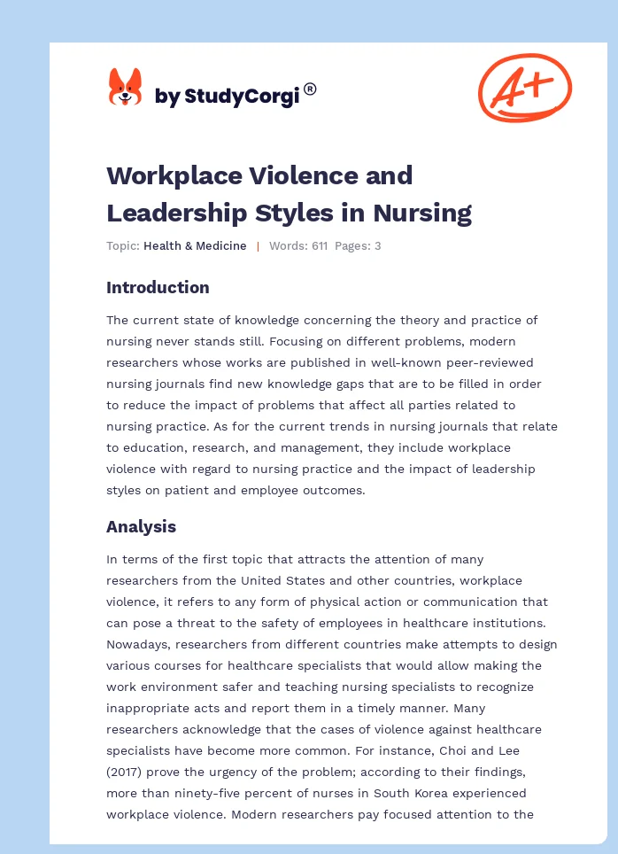 Workplace Violence and Leadership Styles in Nursing. Page 1