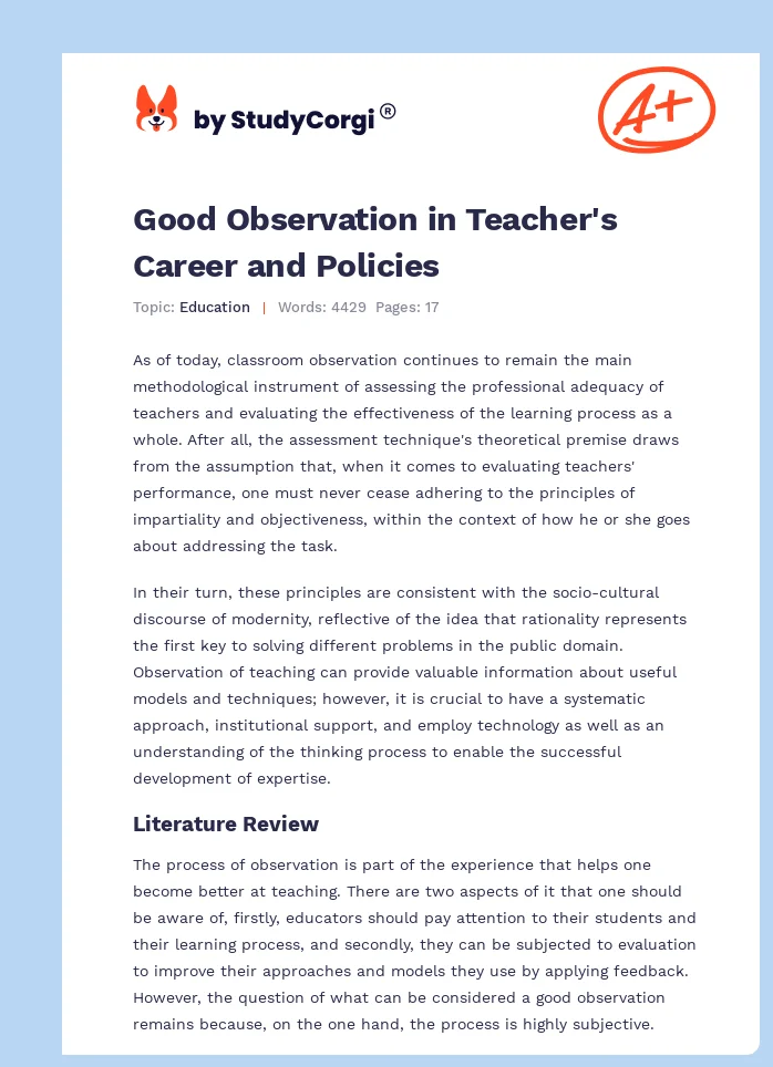 Good Observation in Teacher's Career and Policies. Page 1