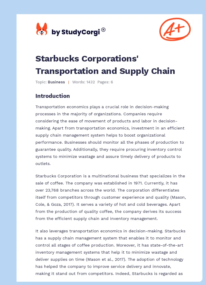 Starbucks Corporations' Transportation and Supply Chain. Page 1
