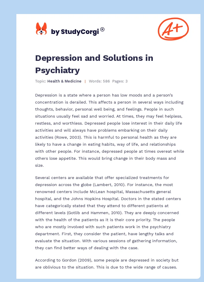 Depression and Solutions in Psychiatry. Page 1