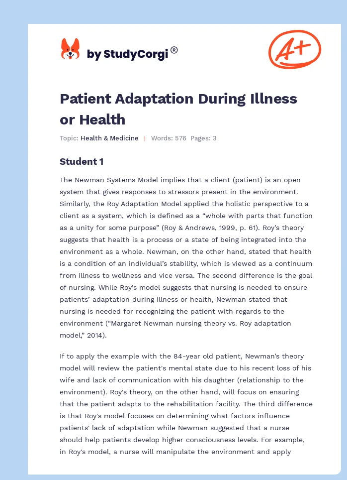 Patient Adaptation During Illness or Health. Page 1