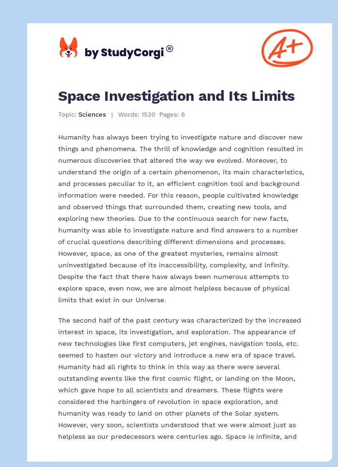 Space Investigation and Its Limits. Page 1