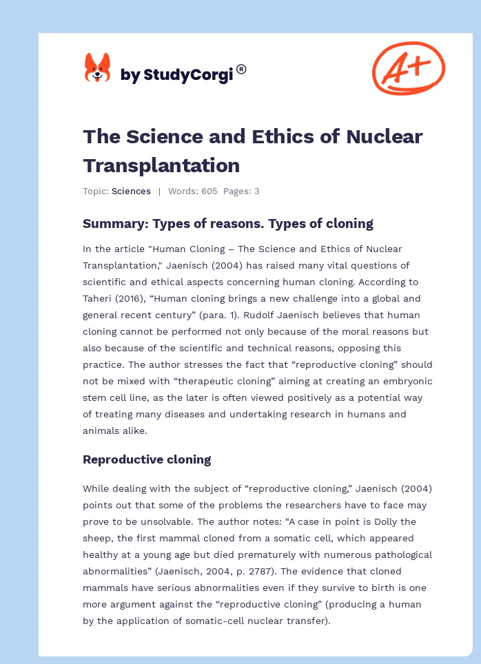 The Science and Ethics of Nuclear Transplantation. Page 1