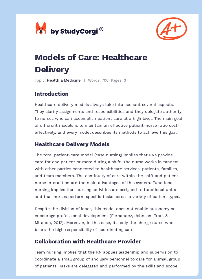 Models of Care: Healthcare Delivery. Page 1