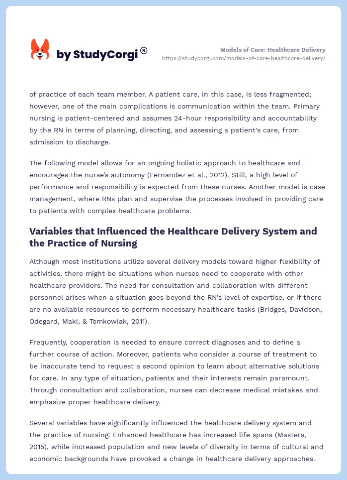 Models of Care: Healthcare Delivery. Page 2