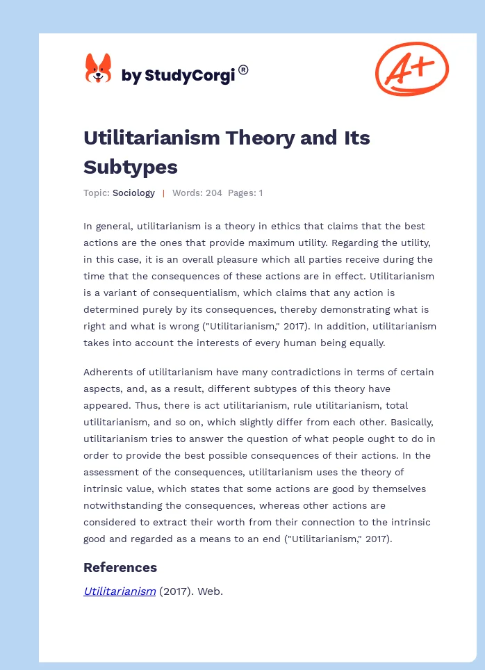 Utilitarianism Theory and Its Subtypes. Page 1