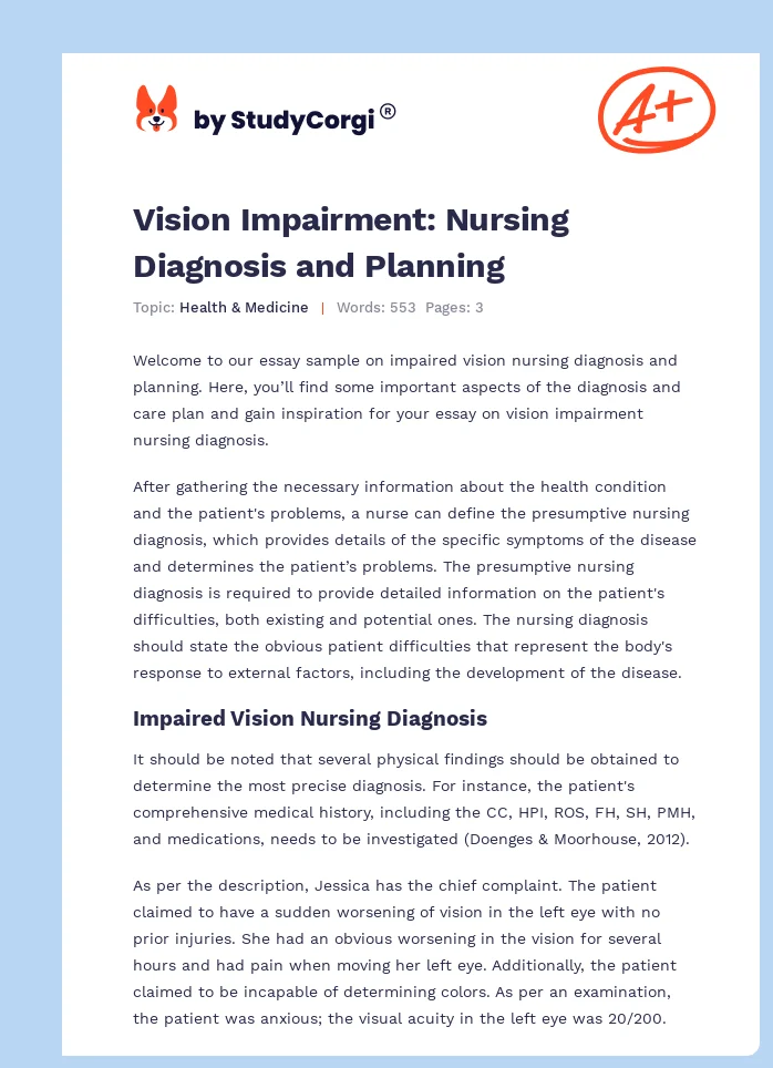 Vision Impairment: Nursing Diagnosis and Planning. Page 1