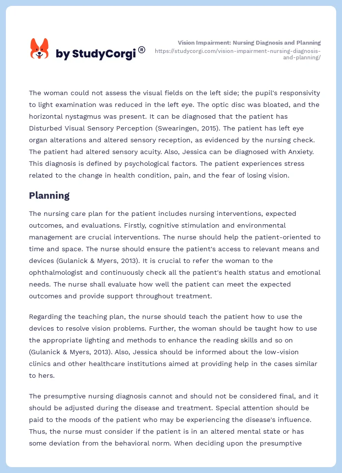 Vision Impairment: Nursing Diagnosis and Planning. Page 2