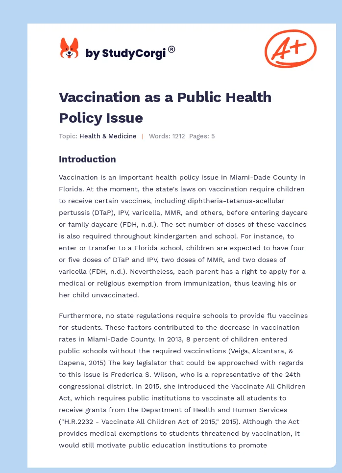 Vaccination as a Public Health Policy Issue. Page 1