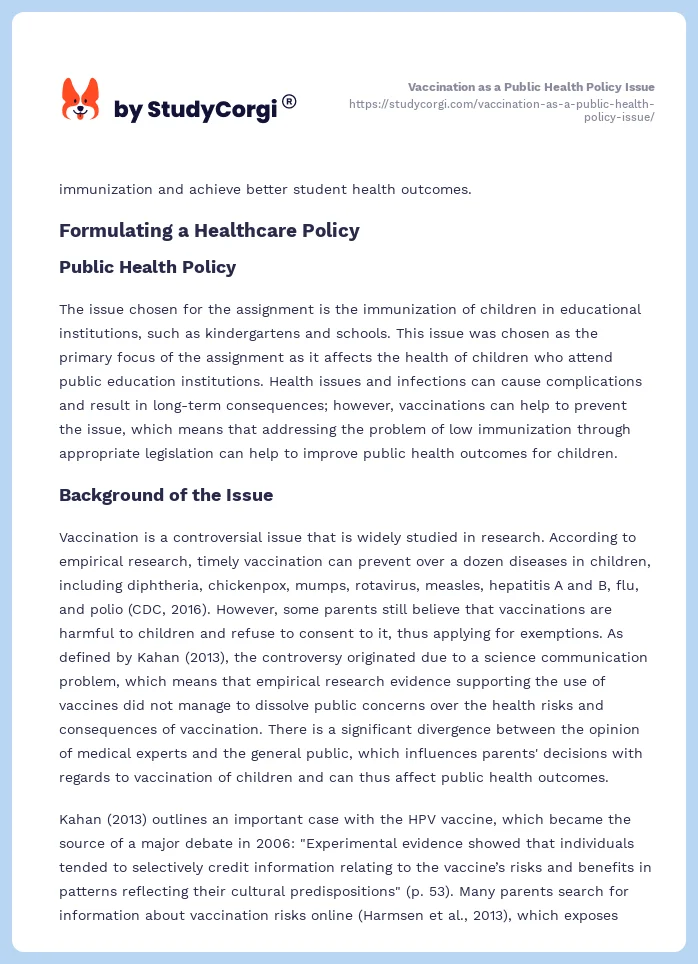 Vaccination as a Public Health Policy Issue. Page 2