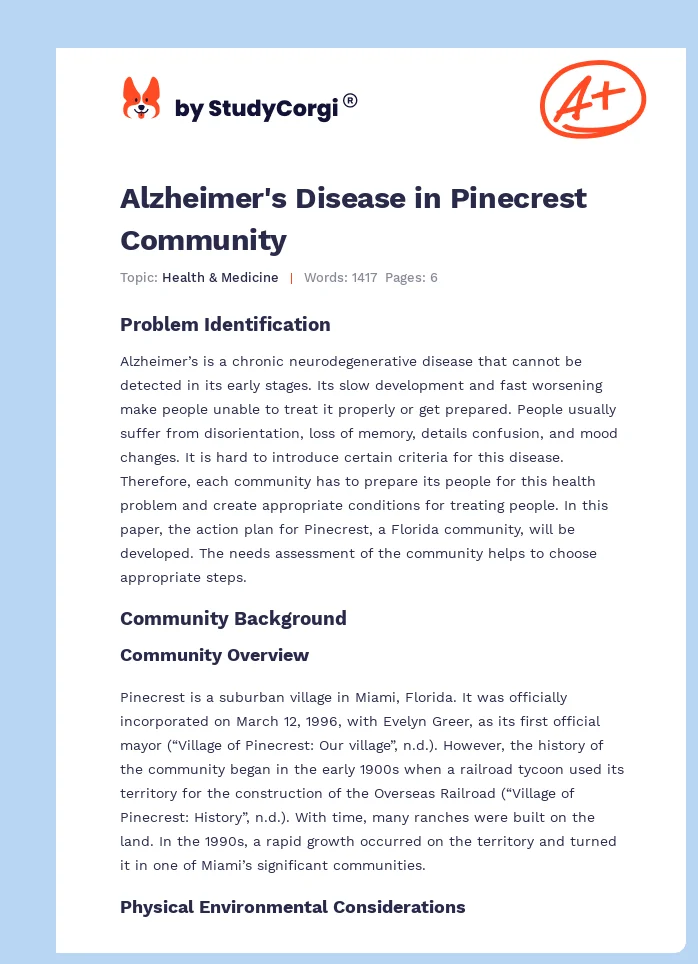 Alzheimer's Disease in Pinecrest Community. Page 1