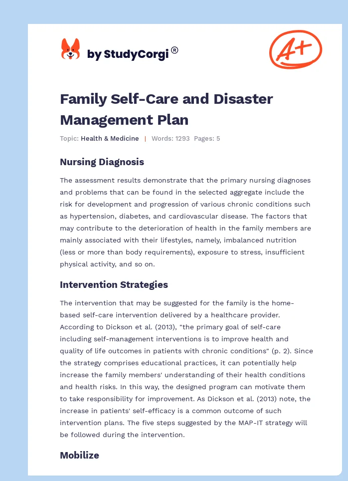 Family Self-Care and Disaster Management Plan. Page 1