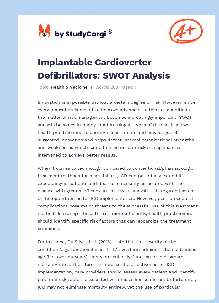 Implantable Cardioverter Defibrillators: SWOT Analysis. Page 1
