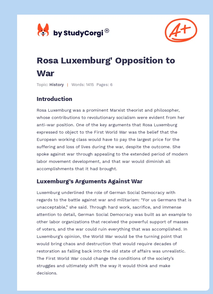 Rosa Luxemburg' Opposition to War. Page 1