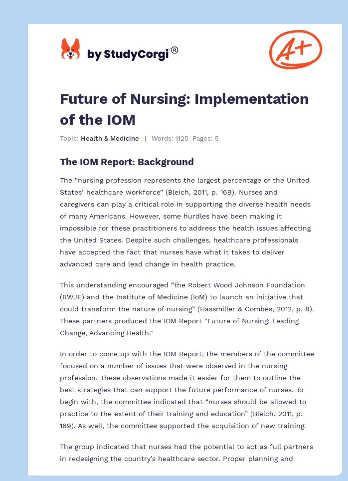 Future of Nursing: Implementation of the IOM. Page 1