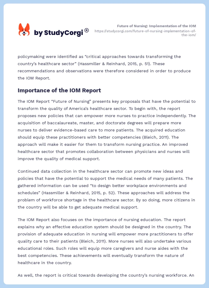 Future of Nursing: Implementation of the IOM. Page 2