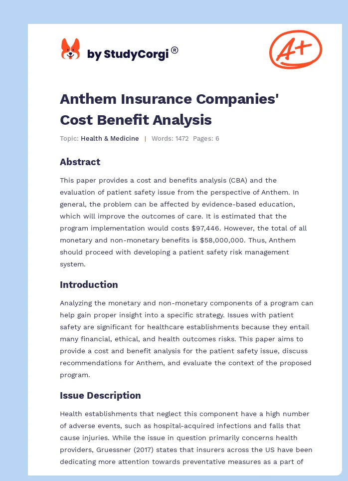 Anthem Insurance Companies' Cost Benefit Analysis. Page 1