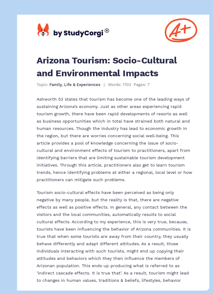 Arizona Tourism: Socio-Cultural and Environmental Impacts. Page 1