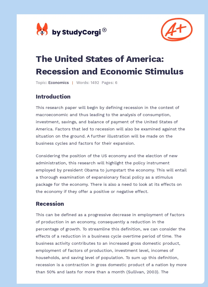 The United States of America: Recession and Economic Stimulus. Page 1