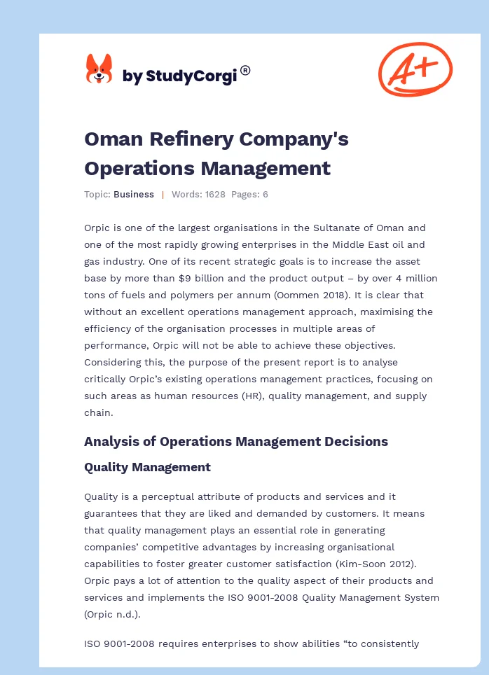 Oman Refinery Company's Operations Management. Page 1
