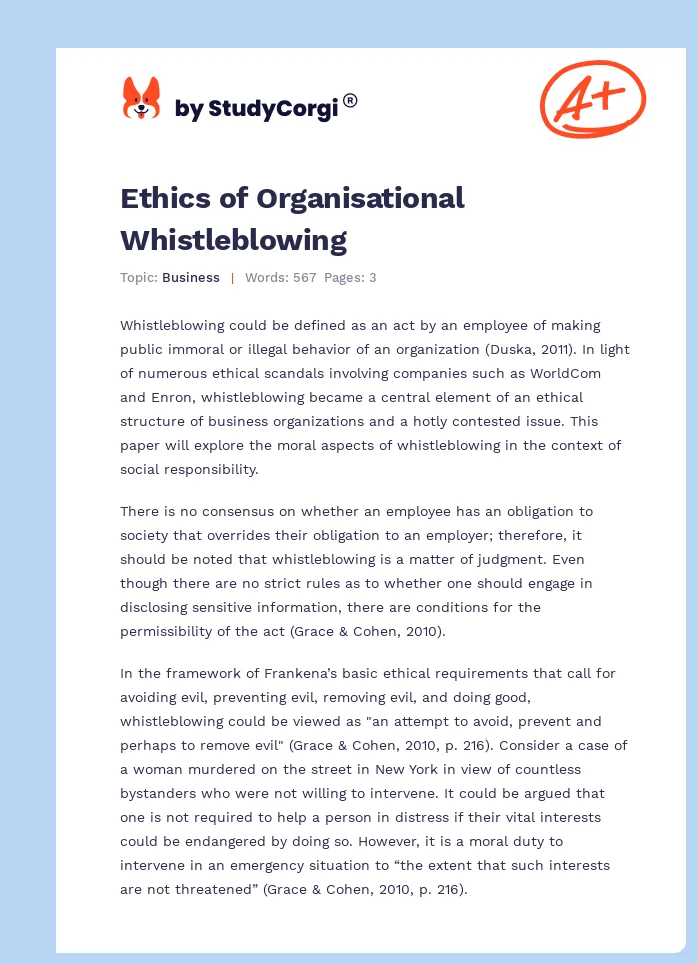 Ethics of Organisational Whistleblowing. Page 1