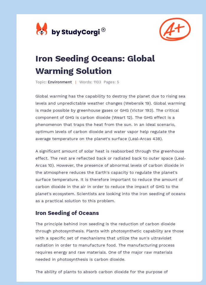 Iron Seeding Oceans: Global Warming Solution. Page 1