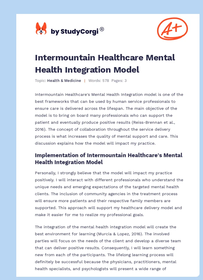 Intermountain Healthcare Mental Health Integration Model. Page 1