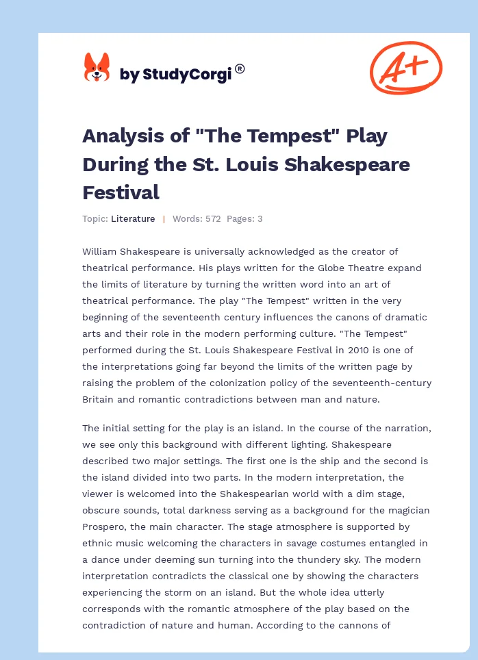 Analysis of "The Tempest" Play During the St. Louis Shakespeare Festival. Page 1