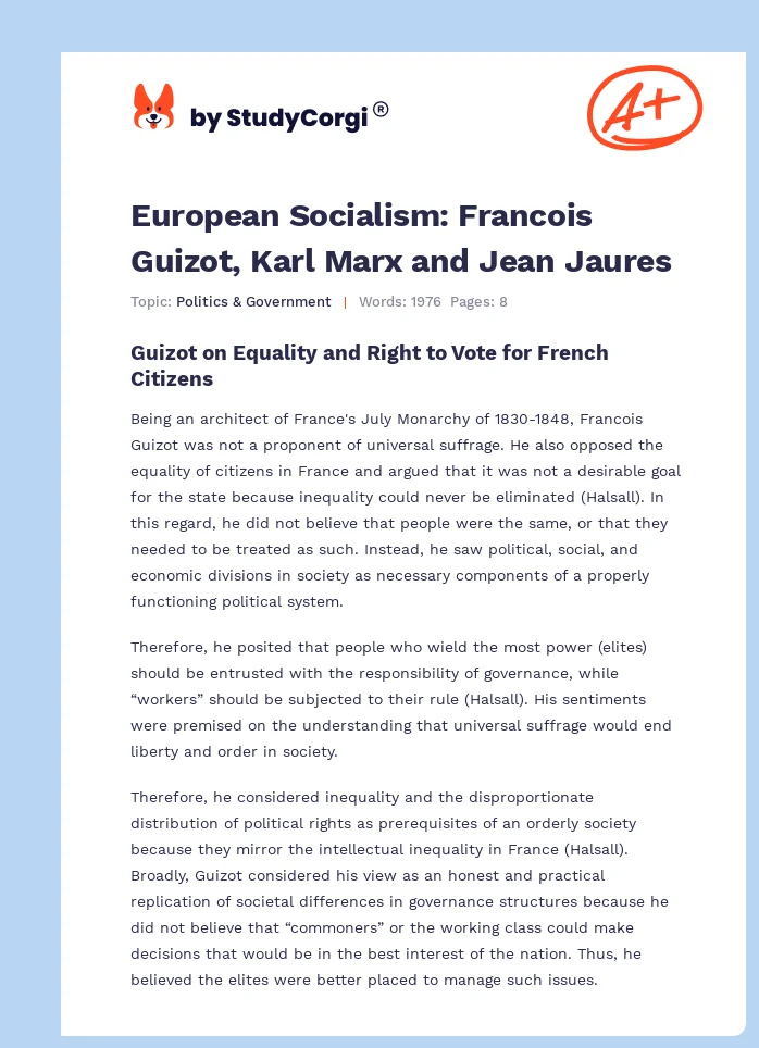 European Socialism: Francois Guizot, Karl Marx and Jean Jaures. Page 1