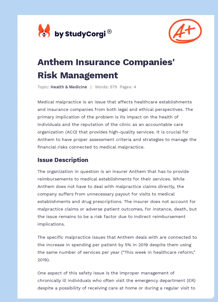 Anthem Insurance Companies' Risk Management. Page 1