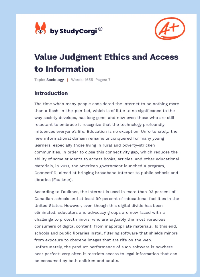 Value Judgment Ethics and Access to Information. Page 1