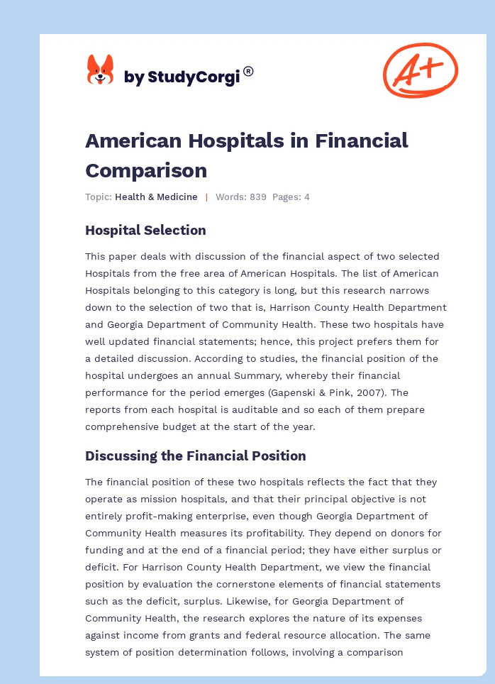 American Hospitals in Financial Comparison. Page 1