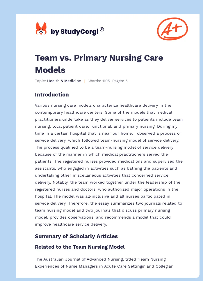 Team vs. Primary Nursing Care Models. Page 1