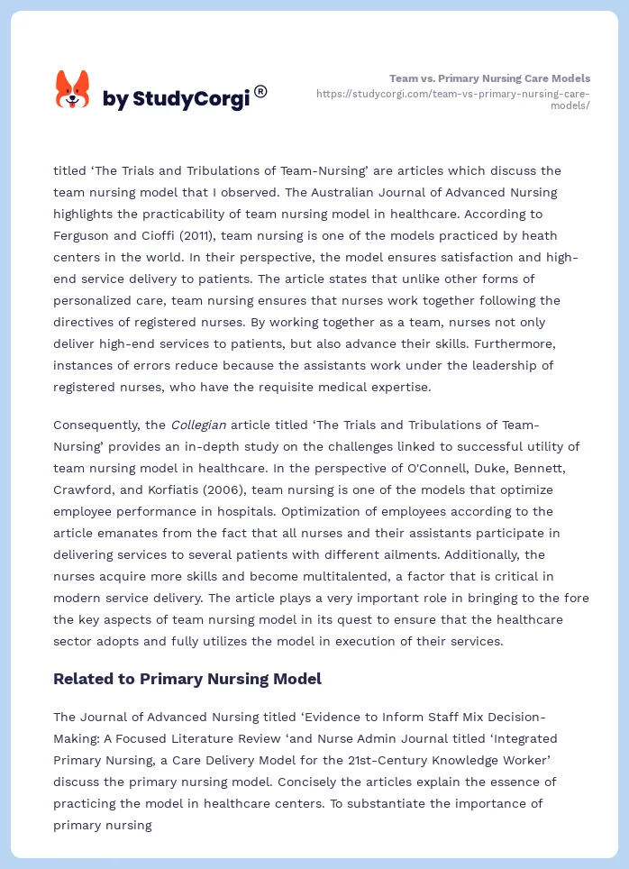 Team vs. Primary Nursing Care Models. Page 2