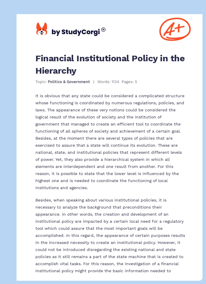 Financial Institutional Policy in the Hierarchy. Page 1