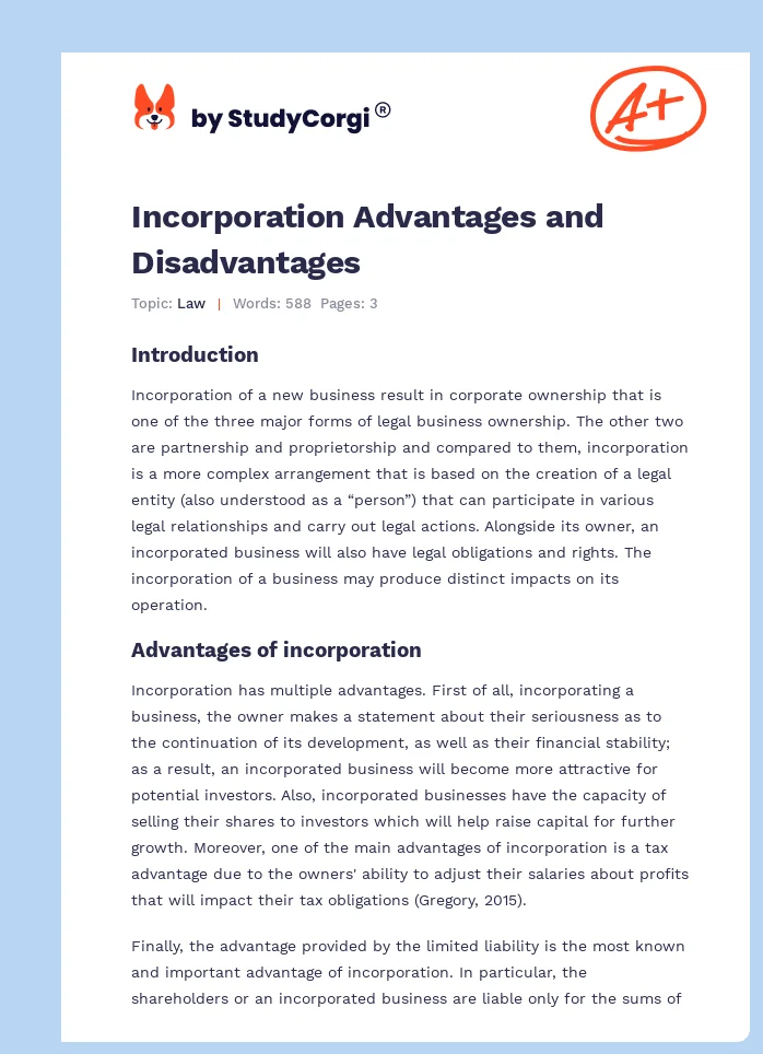 Incorporation Advantages and Disadvantages. Page 1