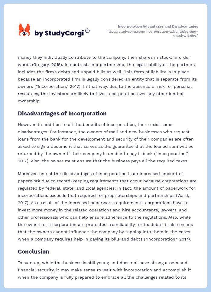 Incorporation Advantages and Disadvantages. Page 2