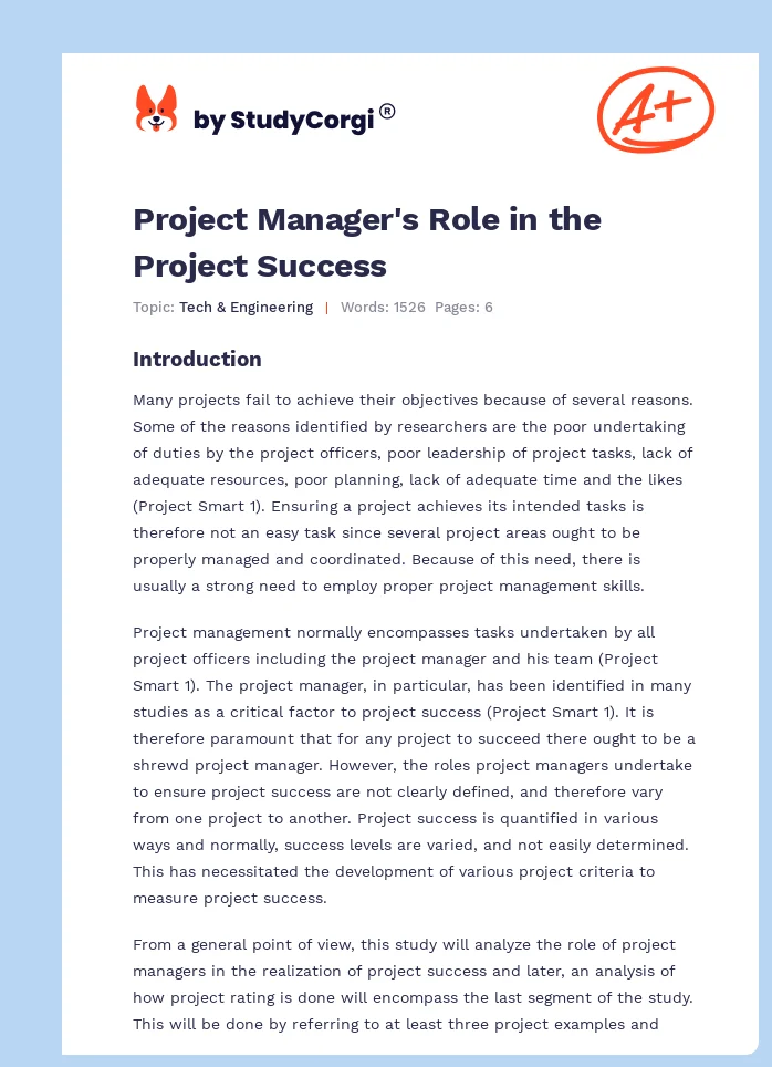 Project Manager's Role in the Project Success. Page 1