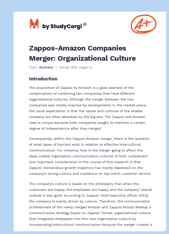 Zappos-Amazon Companies Merger: Organizational Culture. Page 1