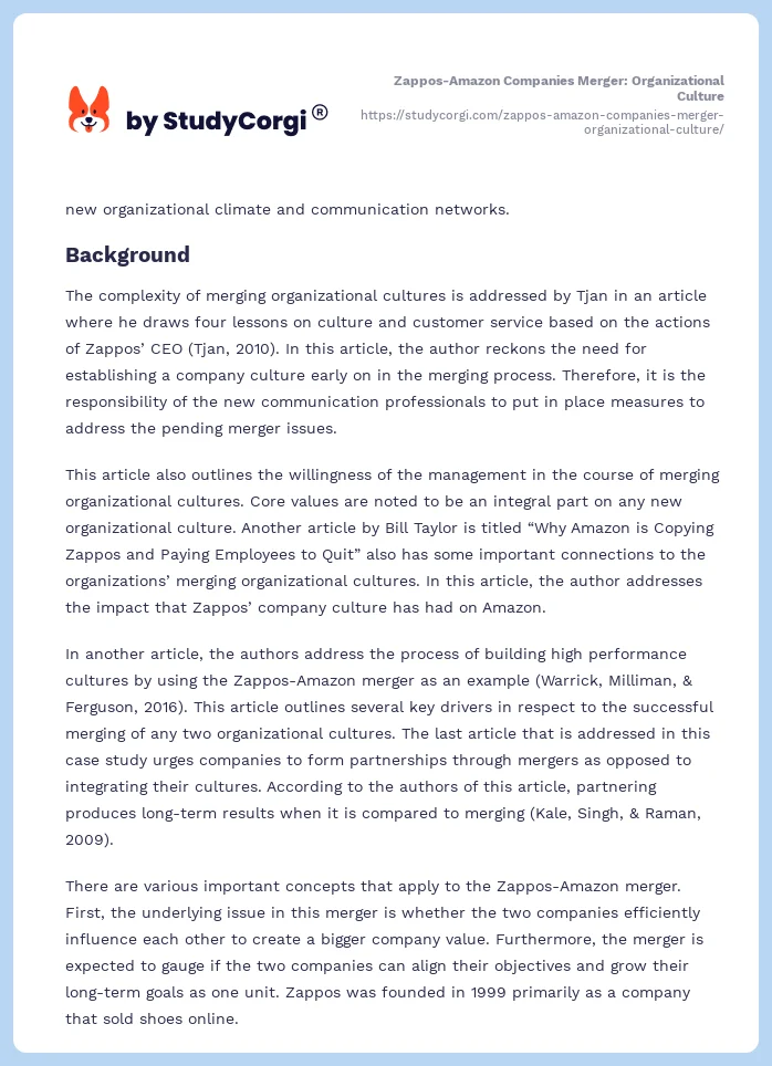 Zappos-Amazon Companies Merger: Organizational Culture. Page 2