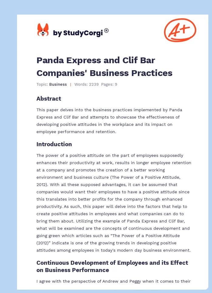 Panda Express and Clif Bar Companies' Business Practices. Page 1