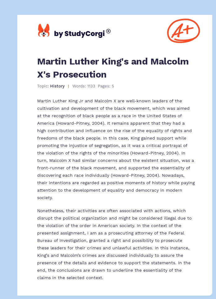 Martin Luther King's and Malcolm X's Prosecution. Page 1