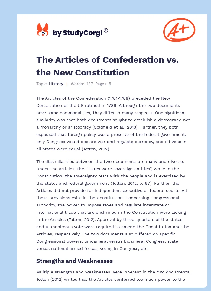The Articles of Confederation vs. the New Constitution. Page 1