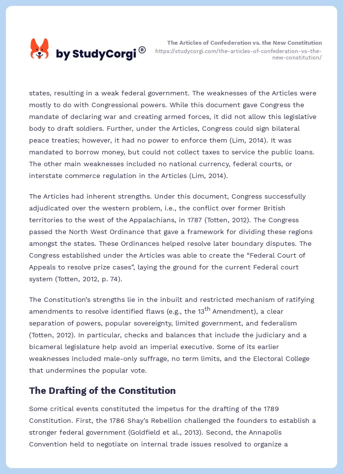 The Articles of Confederation vs. the New Constitution. Page 2